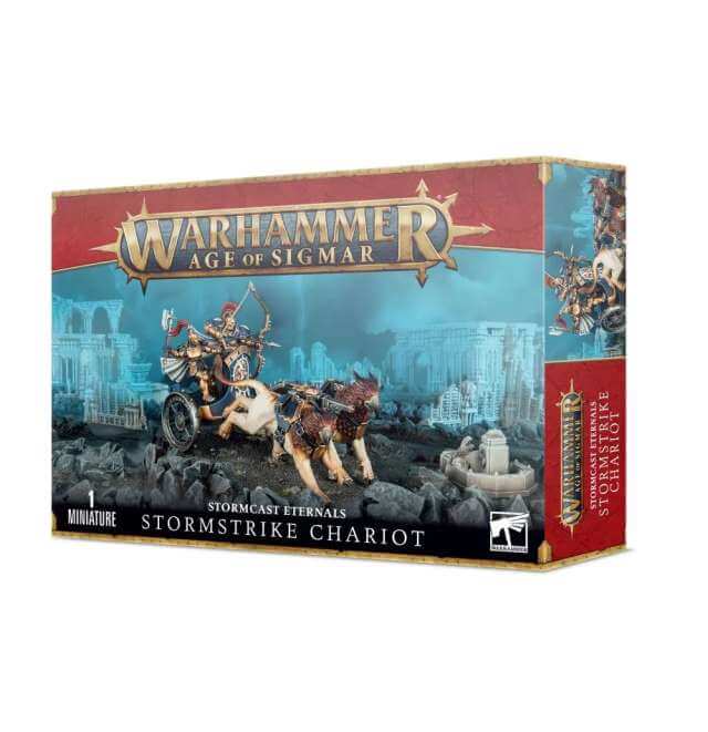Product packaging for 'Warhammer Age of Sigmar: Stormcast Eternals Stormstrike Chariot', featuring an illustration of the miniature figures and the chariot.