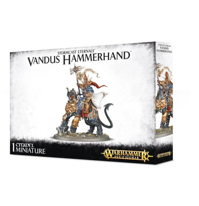 Packaging for Stormcast Eternals Vandus Hammerhand miniature, featuring an illustration of the character mounted on a Dracoth, with hammer and banner in hand, against a white and black themed box.