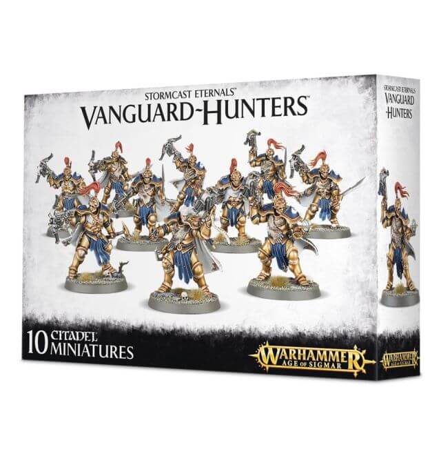 Packaging for 'Stormcast Eternals Vanguard-Hunters', featuring an image of 10 plastic miniatures with detailed armors and weapons, on a box with 'Warhammer' branding.