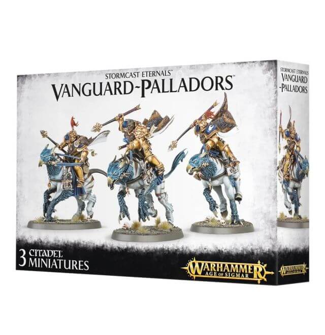 Packaging for Stormcast Eternals Vanguard-Palladors miniatures, featuring three citadel bases with assembled and painted models displayed on them.