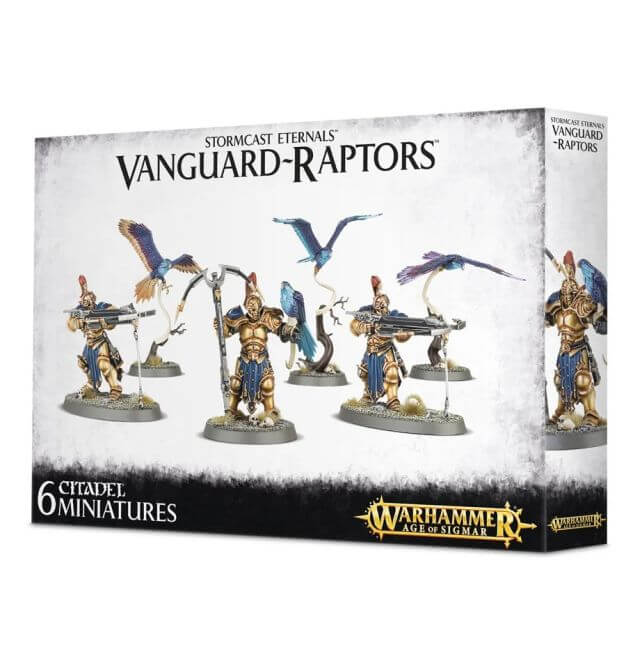 Box packaging for Stormcast Eternals Vanguard-Raptors miniature figures featuring six citadel miniatures with varying designs, colors, and accessories such as crossbows and wings.