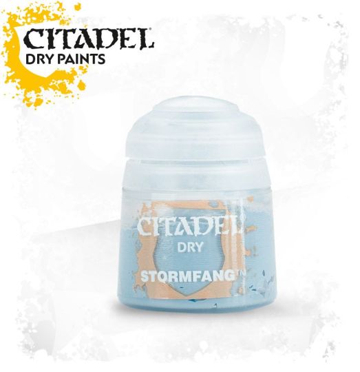 A pot of Citadel dry paint labeled 'Stormfang' in a 12ml size, predominantly blue in color.
