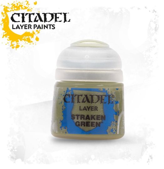 A pot of Citadel Layer paints in the color Straken Green, designed for miniature model painting.