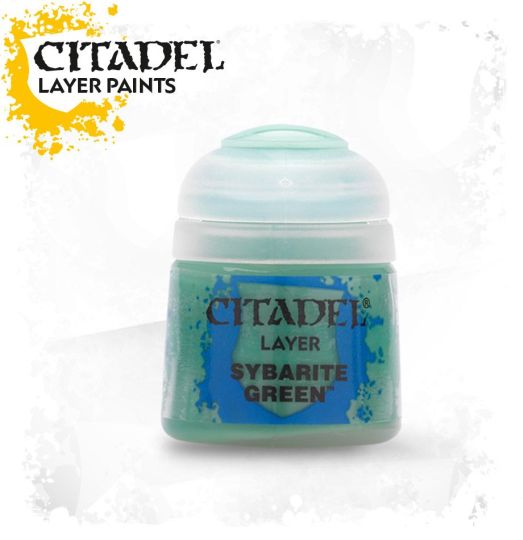 A pot of Citadel Layer paints in Sybarite Green color, designed for miniature model painting.