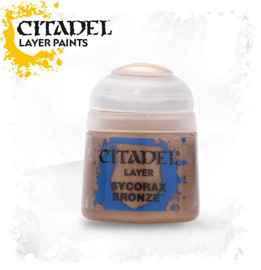 A pot of Citadel Layer paints in the color Sycorax Bronze, primarily used for painting miniatures.