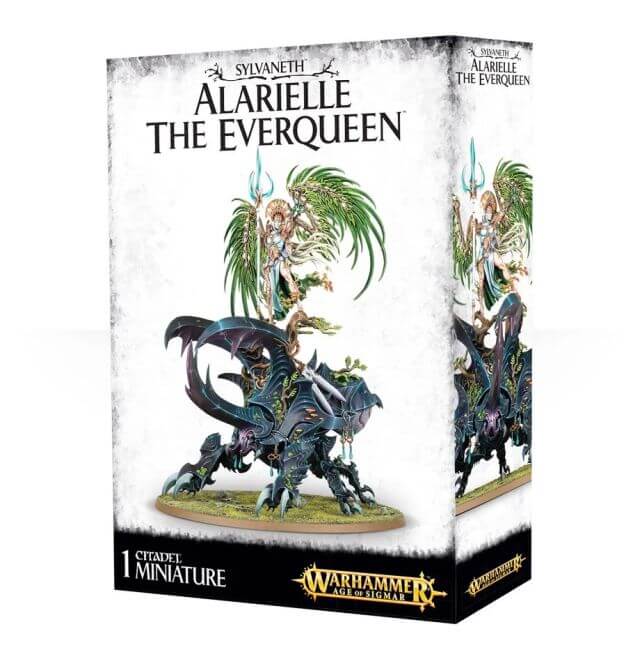 Product packaging for 'Sylvaneth Alarielle the Everqueen', featuring an illustration of a fantasy queen riding a large insect-like creature, with elements of moss and trinkets, on a box with Games Workshop branding.