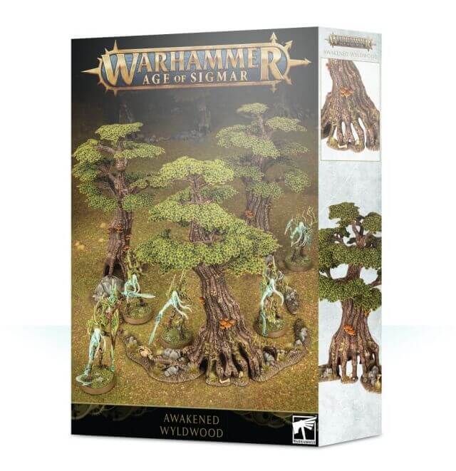 Product packaging for 'Sylvaneth Awakened Wyldwood' featuring fantasy-style trees and miniature figures from the Warhammer Age of Sigmar game.