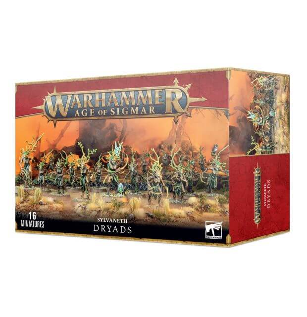 Packaging for 'Sylvaneth Dryads' miniature figures for Warhammer Age of Sigmar, showing the completed models arrayed in a battle formation against a dramatic themed backdrop.