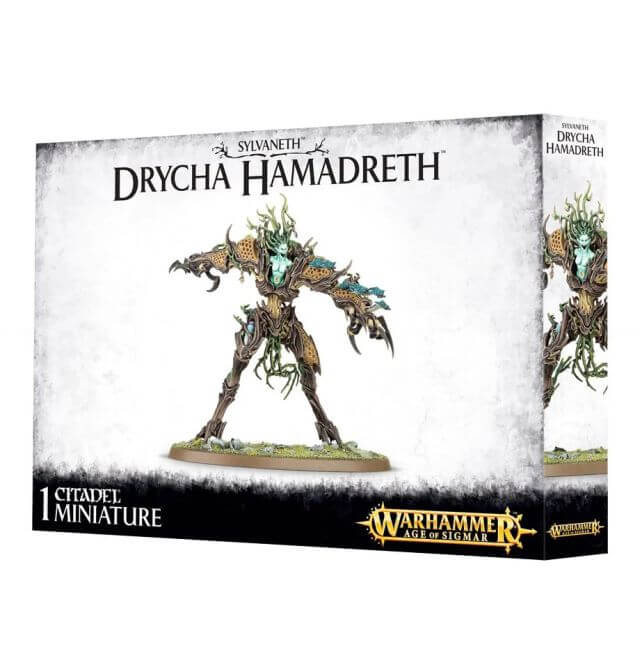 Packaging for Sylvaneth Drycha Hamadreth miniature, featuring the assembled and painted model on a box with 'Warhammer' branding.
