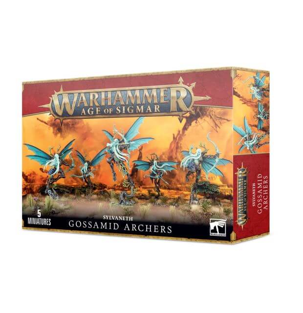 Product packaging for 'Sylvaneth Gossamid Archers' featuring illustrations of the Gossamid Archers miniatures from the Warhammer Age of Sigmar game. The box displays the miniatures in various poses with a vibrant orange and yellow background.