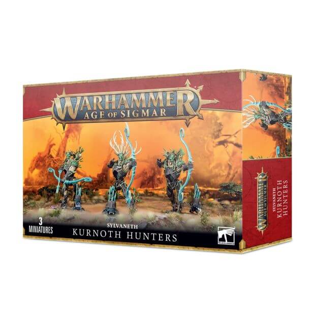 Boxed Warhammer Age of Sigmar Sylvaneth Kurnoth Hunters miniature figures with three models depicted on the front, along with the name of the product and the number of figures included.