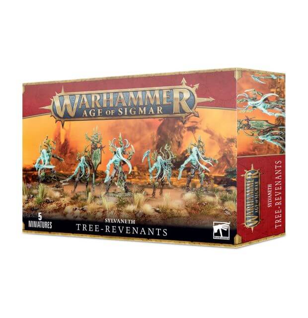 Product packaging for 'Warhammer Age of Sigmar: Sylvaneth Tree-Revenants', featuring illustrations of the revenant creatures on a fantasy landscape backdrop. The box contains components to assemble five models.