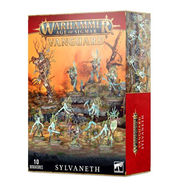 Box packaging for Warhammer Age of Sigmar Vanguard Sylvaneth miniatures set, featuring illustrations of the characters and fantasy scenery.