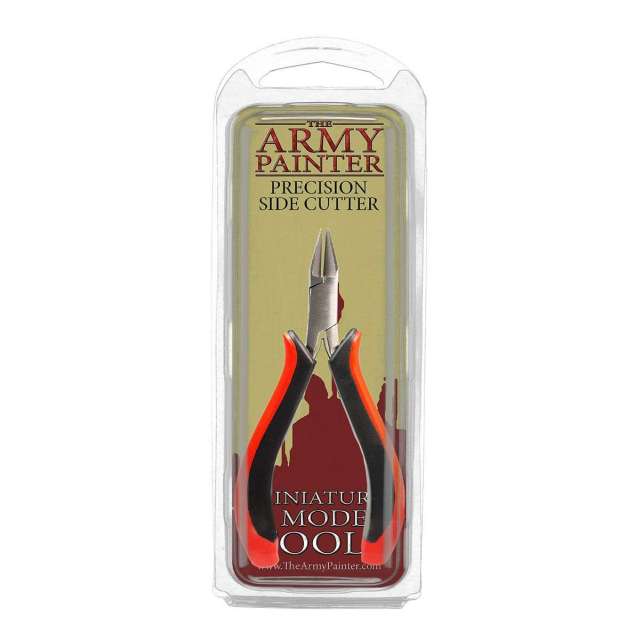 Packaging of 'Army Painter Precision Side Cutter' with a model of the cutter visible through the clear plastic. The background displays the product name and the brand's logo.