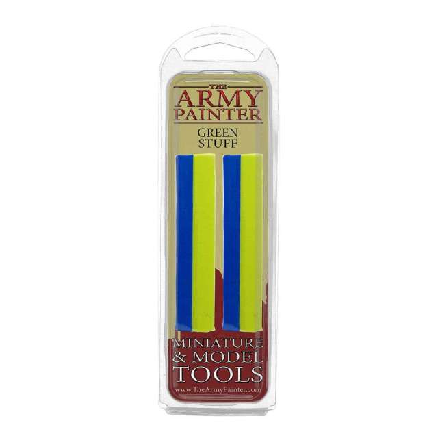 Packaging of The Original Kneadatite Green Stuff by Army Painter, showing two-component sticks in blue and yellow.