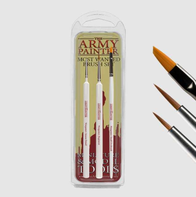Packaging of Army Painter miniature paint brush set featuring three brushes with triangular handles.