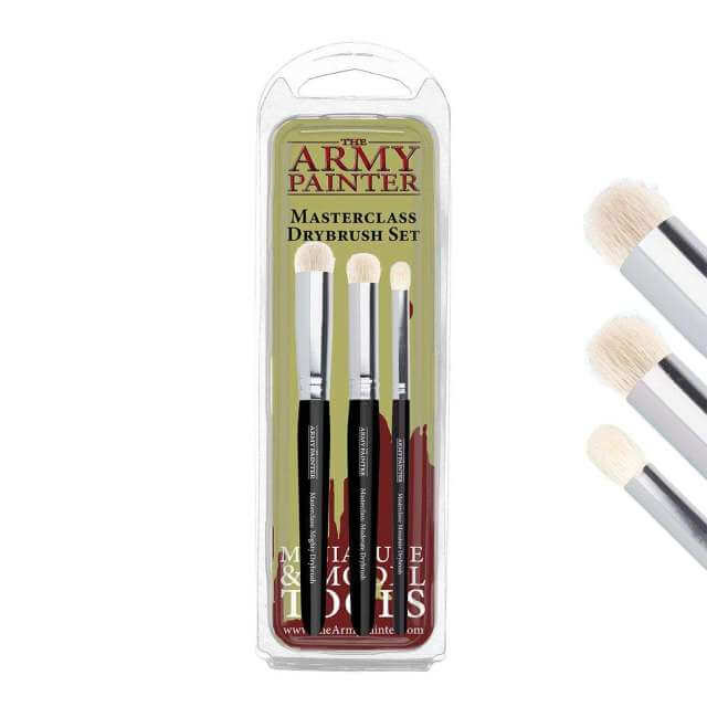 A set of three dome-shaped drybrush brushes with black handles, displayed in a clear packaging with the text 'Masterclass Drybrush Set' and the Army Painter logo.