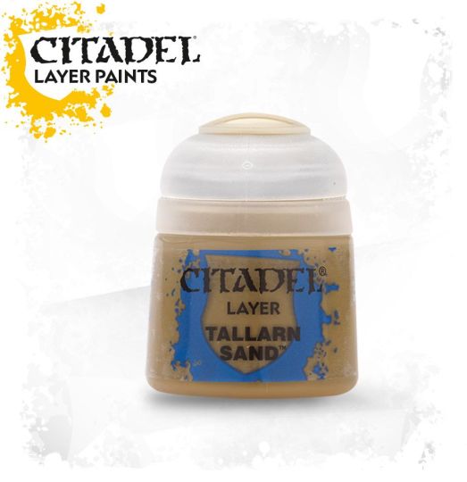 A pot of Citadel Layer paints in the color 'Tallarn Sand', designed for painting miniatures.