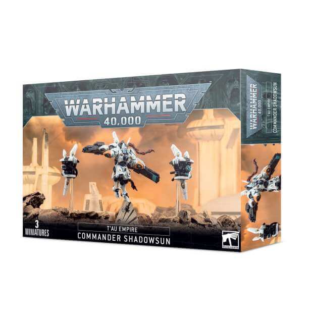 Product packaging for Warhammer 40,000 Tau Empire Commander Shadowsun miniature set, featuring images of the miniatures and the box art with the Warhammer 40,000 logo.