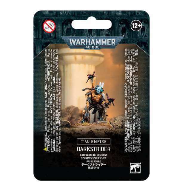 Packaging for Tau Empire Darkstrider miniature from Warhammer 40,000. The kit includes a plastic figure mounted on a display card with Tau Empire branding.