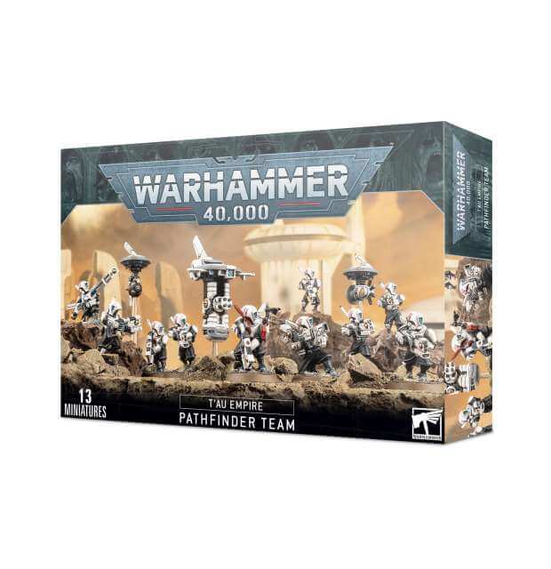 Packaging for Warhammer 40,000 Tau Empire Pathfinder Team, featuring illustrations of small plastic toy figures.