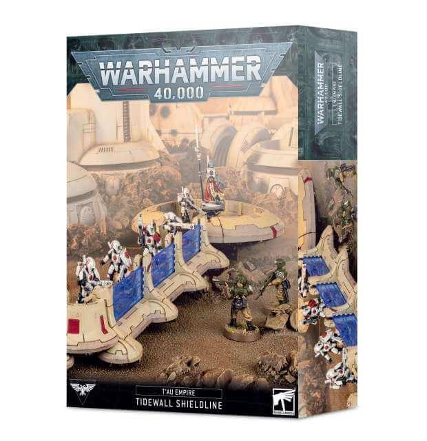 Product packaging for 'Tau Empire Tidewall Shieldline' featuring miniature figures and modular scenery components from the Warhammer 40,000 game.