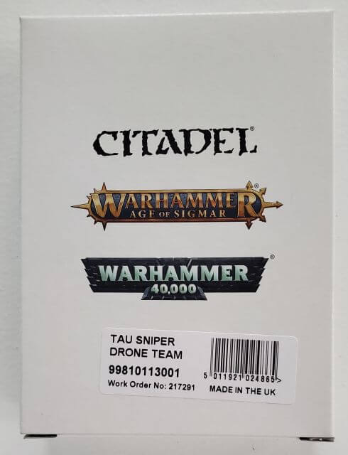 Boxed set of Tau Empire MV71 Sniper Drones & Firesight Marksman miniatures from Citadel, featuring components for model building.