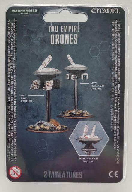 Packaging for Tau Empire Tactical Drones miniatures, showing two assembled drones on flying bases, with component parts listed and the Citadel logo.