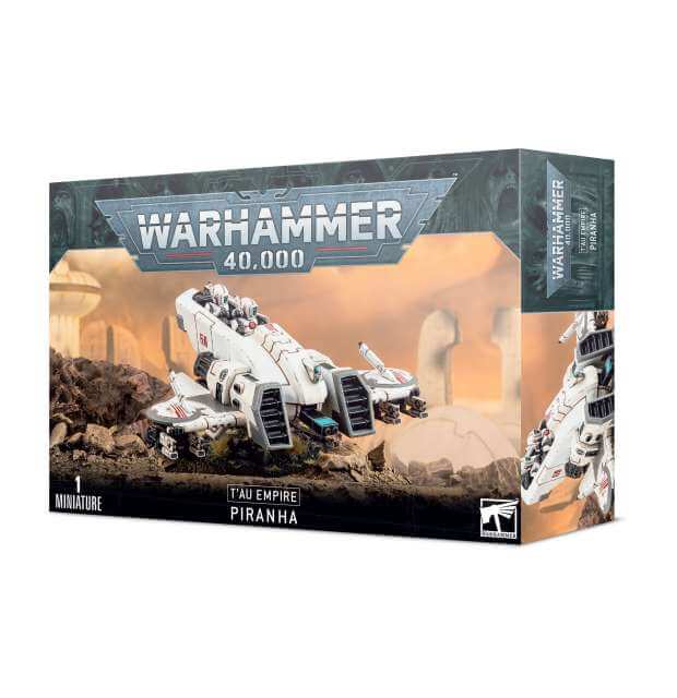 A product box for 'Warhammer 40,000 Tau Empire TX4 Piranha' featuring an illustration of the Tau Empire vehicle, the Piranha, in a battle-ready pose against a desert backdrop.