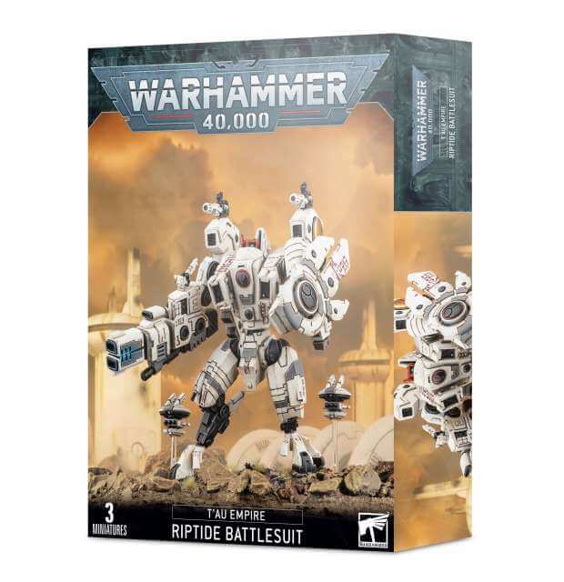 Product packaging for 'Tau Empire XV104 Riptide Battlesuit' featuring a plastic model kit with intricate detailing, displayed against a dramatic themed backdrop with sand and sky elements.