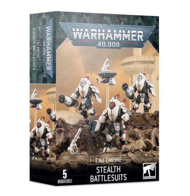Boxed set of Tau Empire XV25 Stealth Battlesuits in a Warhammer 40,000 game box, featuring five miniatures.