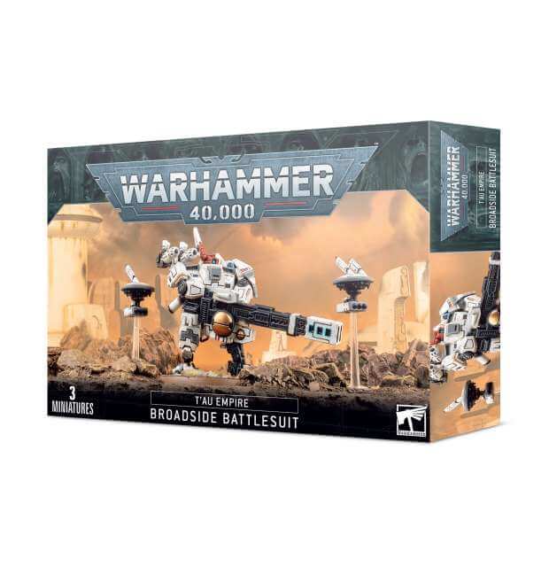 Product packaging for 'Tau Empire XV88 Broadside Battlesuit' featuring illustrations of the assembled battlesuit and drones on a battle backdrop, with the Warhammer 40,000 franchise branding.