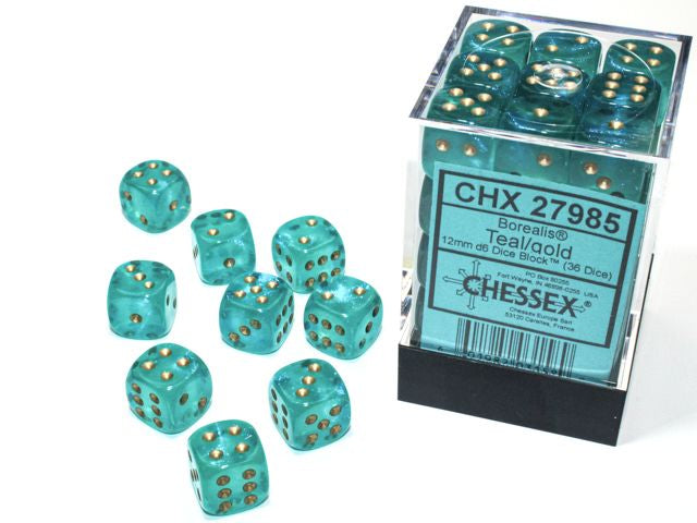 A close up of the Chessex Borealis Teal with gold 12mm d6 dice set and packaging. 