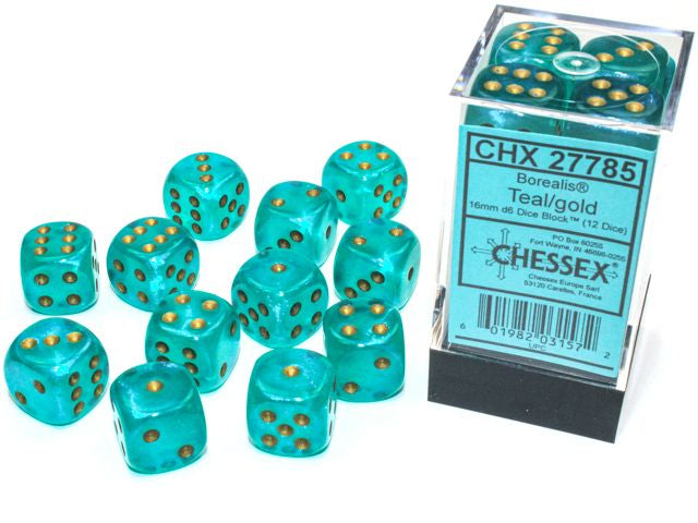 A close up of the Chessex Borealis Teal with gold 16mm d6 dice set.