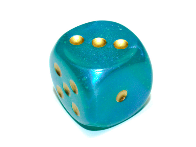 An example of the Chessex Borealis Teal with Gold 30mm d6