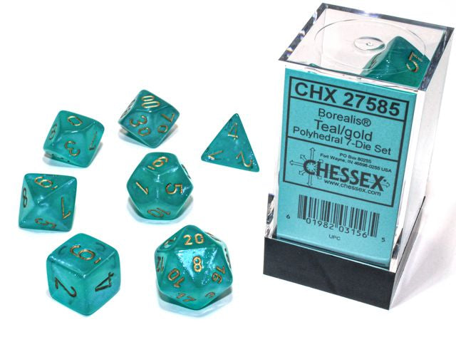 A close up of the Chessex Borealis Teal with gold polyhedral set.