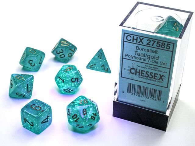 A close up of the Chessex Borealis Teal with gold polyhedral set and packaging.