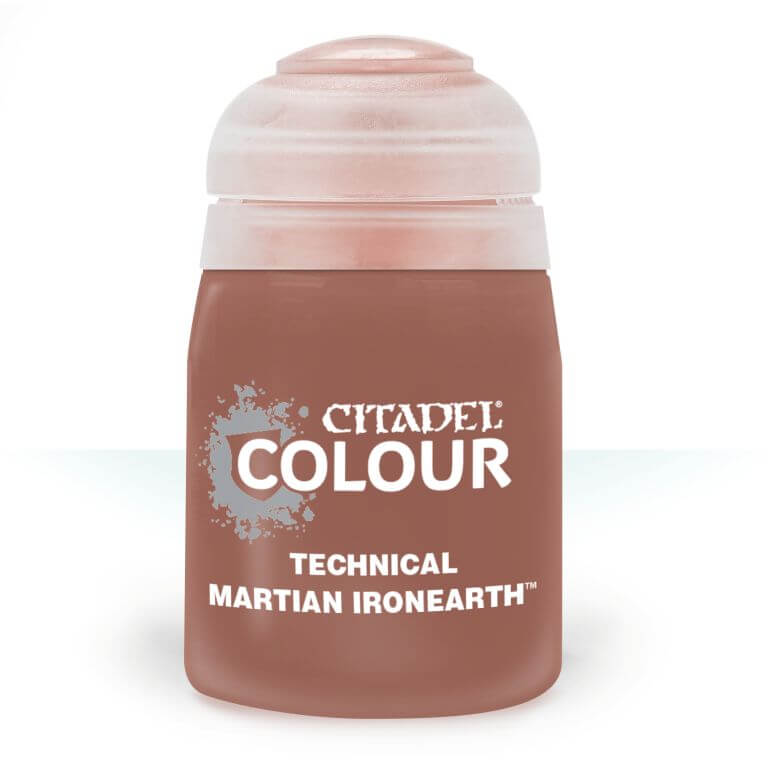 A 24ml pot of Citadel Colour technical paint in the shade 'Martian Ironearth'.