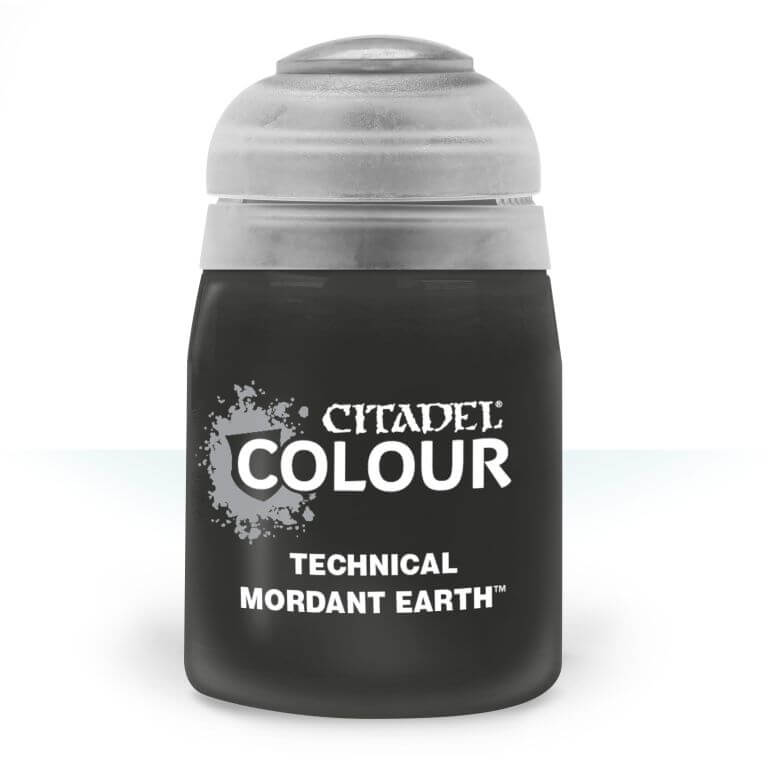 A 24ml pot of Citadel Colour technical paint in the shade 'Mordant Earth'. The pot is black with the white Citadel logo and the name of the paint in white text on the side.