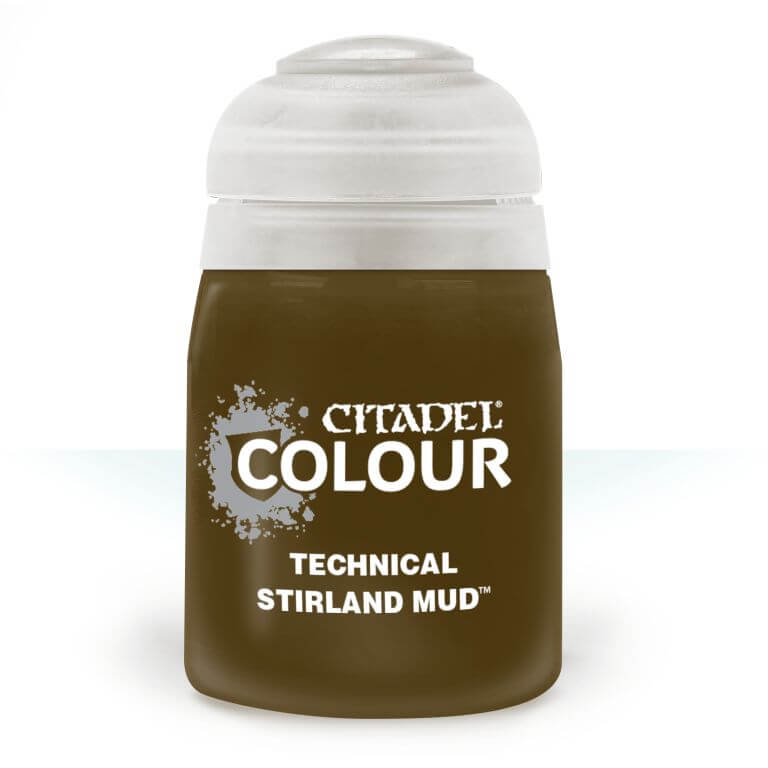 A 24ml pot of Citadel Colour technical paint in the shade 'Stirland Mud'.