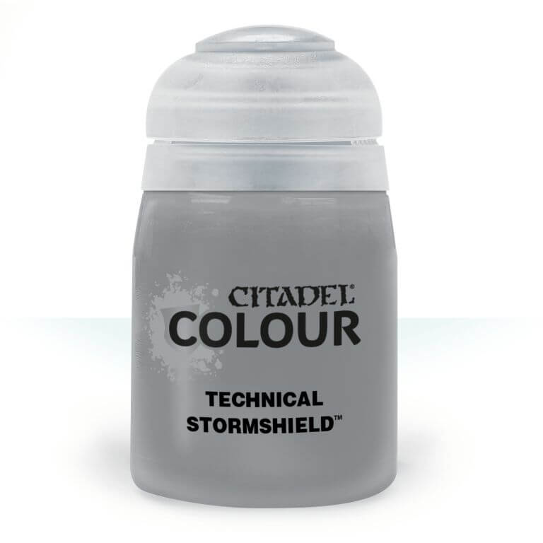 A pot of Citadel Colour Technical paint in the shade 'Stormshield', primarily grey in color with Citadel branding.
