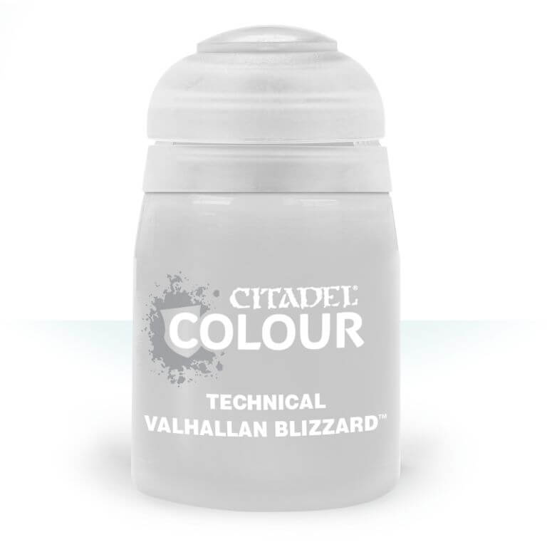 A pot of Citadel Colour technical paint in the shade 'Valhallan Blizzard'. The product is designed for adding realistic snow effects to miniature bases.