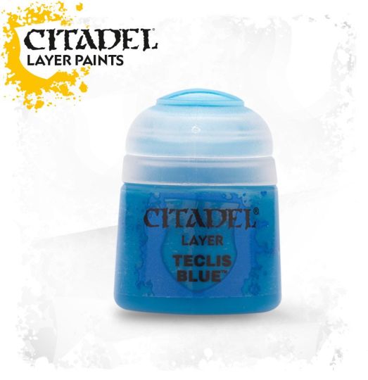 A pot of Citadel Layer paints in the color Teclis Blue.