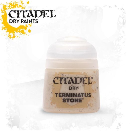 A pot of Citadel dry paint labeled 'Terminatus Stone' intended for drybrushing models.