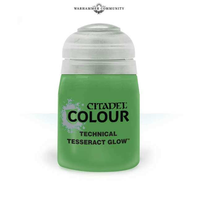 A pot of Citadel technical paint in 'Tesseract Glow' color, used for model painting.