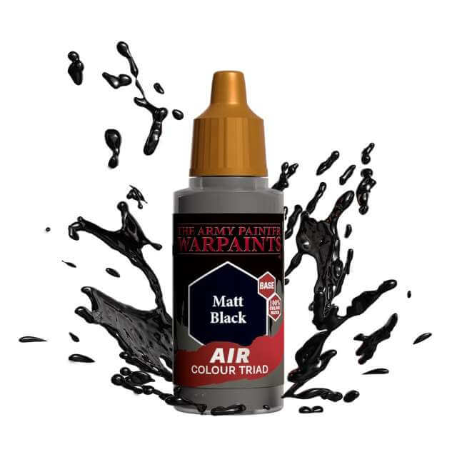 Bottle of Army Painter Airbrush paint Matt Black, showing a splash of paint highlighting the color. 