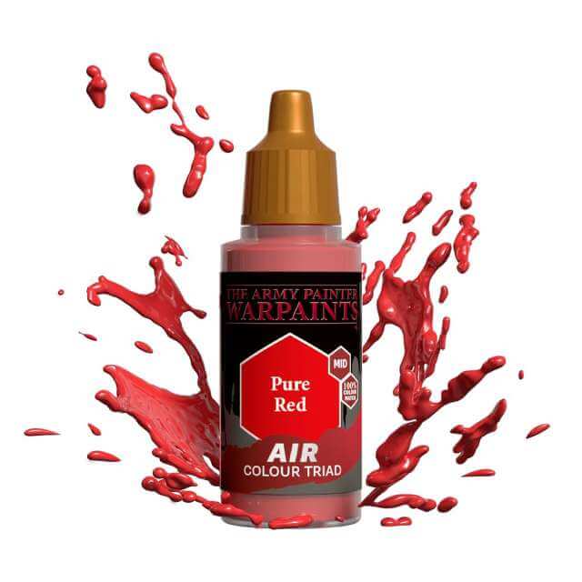 Bottle of Army Painter Airbrush paint Pure Red, showing a splash of paint highlighting the color. 