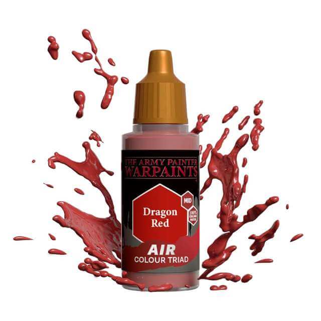 Bottle of Army Painter Airbrush paint Dragon Red, showing a splash of paint highlighting the color. 