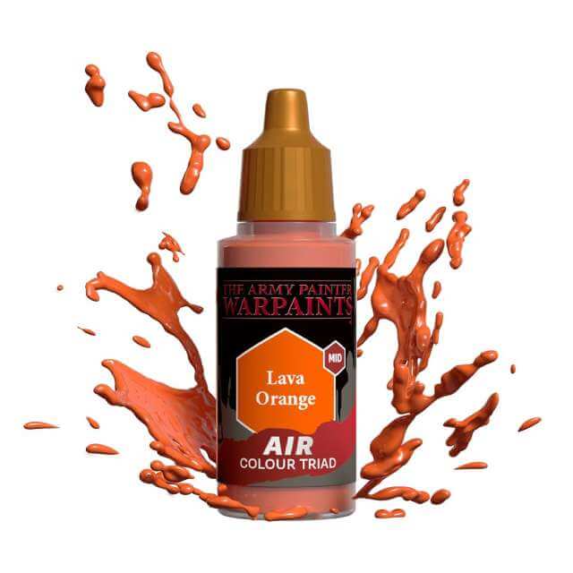 Bottle of Army Painter Airbrush paint Lava Orange, showing a splash of paint highlighting the color. 