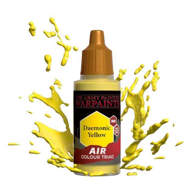 Bottle of Army Painter Airbrush paint Daemonic Yellow, showing a splash of paint highlighting the color. 
